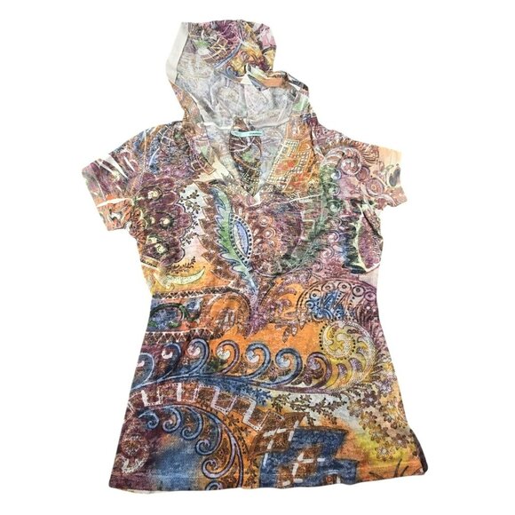 Maurices Top Paisley Print Short-Sleeve Hoodie Size L Multicolor JH1829 - Picture 1 of 9